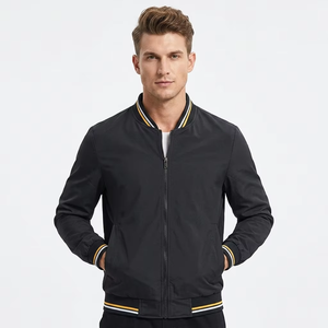 Chaqueta Bomber Negra para Hombre, Casual, con Cierre Frontal, Color Sólido, Cuello Alto, Poliéster, para Otoño - Product Image 1