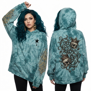 Sudadera con capucha personalizada para mujer, color marrón tierra, con estampado tie-dye, gráfico de esqueleto mágico dorado, estampado de runas en la manga, estilo estético antiguo, proveedor - Product Image 4