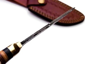 มีดสกินเนอร์เหล็กดามัสกัสแบบสั่งทำพิเศษ ด้ามเขาสัตว์ ใบมีดแบบ Fixed Blade ปลายแหลมตรง พร้อมปลอกหนัง - Product Image 3