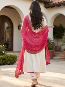 <b>White</b> Embroidered Silk Kurta <b>Palazzo</b> Set Pink Dupatta Traditional Indian Pakistani Women Casual Wear Ankle Length Regular Fit - Product Image 6
