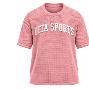 T-shirt tricoté rose poudré pour homme, manches courtes, col rond, texture décontractée, haut personnalisé imprimé, streetwear, mode estivale, vente en gros - Product Image 1
