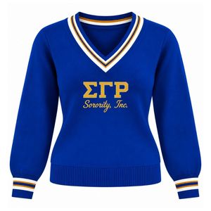 เสื้อสเวตเตอร์ไหมพรมคอวี แขนยาว สำหรับผู้หญิง แบรนด์ Custom Sigma Gamma Rho  ออกแบบตัวอักษรได้ตามต้องการ  คอเสื้อและปลายแขนเสื้อแบบริบ - Product Image 1