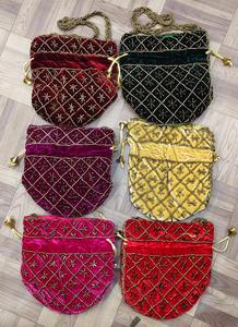 Wholesale Velvet Geometric <b>Potli</b> Bag Multi Color Embroidered Clutch Handbag 100% Pure Cotton Lining Braided Handle Drawstring - Product Image 3