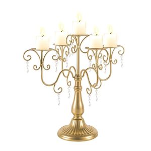 Wholesale Elegant Metal Candelabra Tabletop Candle Holder <b>5</b> Arms Gold Finish With Hanging Crystals For Wedding Party Home Decor - Product Image 1