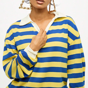 Chemise de rugby à manches longues rayée bleue et jaune en coton sur mesure pour femme, haut tricoté décontracté avec col blanc et col en V, t-shirt pour femme - Product Image 6