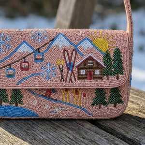 Bolso de Mano Textil Rosa Hecho a Mano con Bordado de Copos de Nieve y Árboles, Hilo de Poliéster, Forma Rectangular, Lavable, con Cuentas de Vidrio - Product Image 2
