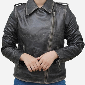 Chaqueta de Motociclista para Mujer, de Cuero Genuino Negro Envejecido, Impermeable y Transpirable, Estilo Vintage, Talla Grande, para Primavera - Product Image 1