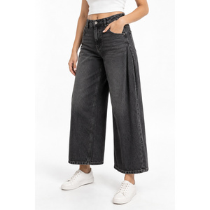 Women's Mid-Rise Wide Leg <b>Culotte</b> Jeans in Washed Black-Boyfriend Fit ODM Available - Product Image 3