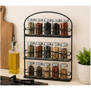 Étagère à épices vintage à 3 niveaux en métal pour comptoir de cuisine, support de rangement pour assaisonnements, en fer thermolaqué noir, sur pied - Product Image 2