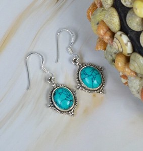 Pendientes de Turquesa Natural al por Mayor, Plata de Ley 925, Hechos a Mano, Redondos, Colgantes, Estilo Boho Vintage, Joyería Fina - Product Image 3