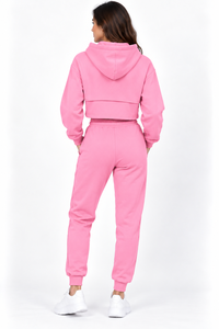 Custom Women’s <b>Pink</b> 2 Piece Tracksuit Set Cropped <b>Hoodie</b> & Jogger Pants Wholesale Casual Sportswear Manufacturer - Product Image 4