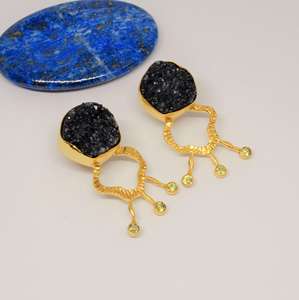 Top Grade Black Druzy Agate <b>Peridot</b> <b>Earrings</b> <b>Gold</b> Plated Sterling Silver August Birthstone Indian Gemstone Jewelry - Product Image 3