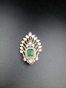 Gold Plated Silver Eagle Design Brooch with Moissanite Polki & Green Doublet Stone for Unisex Party & Wedding Jewelry - Product Image 4