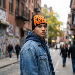 Black Orange Graphic Knit Beanie Hat Custom Logo Design Unisex Streetwear <b>Winter</b> <b>Cap</b> Custom Wholesale OEM Manufacturer - Product Image 2