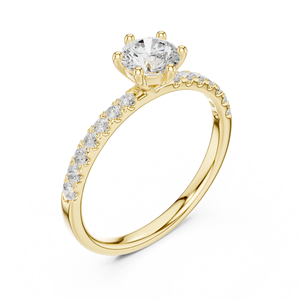 Bague de fiançailles solitaire en or jaune avec diamant de laboratoire taille ronde et bande pavée, bague de promesse pour femme - Product Image 1