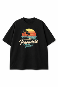 T-shirt graphique noir oversize pour homme Paradise Vibes, imprimé plage estival, en coton, streetwear décontracté, coupe ample, avec logo personnalisé - Product Image 5