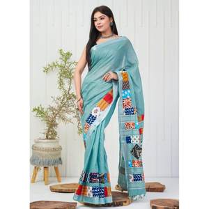 FANCY LINEN ALGODÓN SEDA DIGITAL IMPRESO PLATA FRONTERA TRABAJO SAREE CON BLUSA SIN COSTAR SKY - Product Image 1