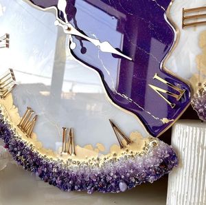 Amethyst Resin Modern Quartz Wall <b>Clock</b> Hand Painted Roman Numeral Decorative Round Crystal Look Living Room Home Decor - Product Image 3