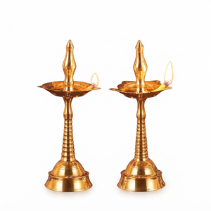Traditional Brass Kuthu Vilakku Pillar <b>Oil</b> <b>Lamps</b> Pair Designer Hindu Pooja Stand Antique Gold Finish Home Temple Decor Products - Product Image 1