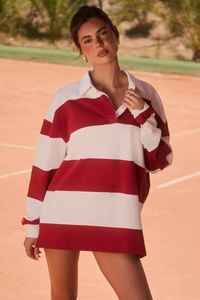 Camisa Retro de los 90 con Rayas Personalizadas Rojo-Blanco, Cuello Polo Extra Grande, Manga Larga, Estilo Casual y Moderno - Product Image 4