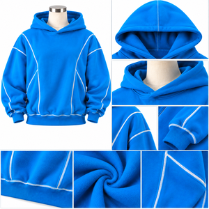 Conjunto Deportivo Unisex Oversize Azul de Felpa Francesa 100% Algodón Transpirable con Sudadera y Pantalones con Costuras en Contraste y Rayas - Product Image 5