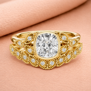 Luxury Vintage Cushion Cut Lab Grown Diamond Engagement <b>Ring</b> <b>Set</b> in Yellow White Rose <b>Gold</b> IGI Certified Bridal Jewelry Gift - Product Image 3
