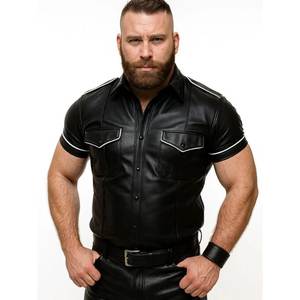 Chemise à manches courtes pour homme, aspect cuir noir, col rabattu, couleur unie, style motard, vêtement décontracté - Product Image 4