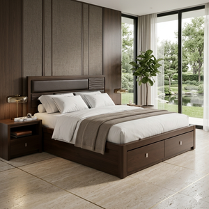 Modern Solid Wood <b>Storage</b> <b>Bed</b> King Size Platform <b>With</b> Drawers Upholstered Leather Headboard Master Bedroom Furniture - Product Image 1