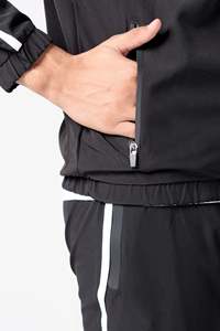 Survêtement noir pour homme avec fermeture éclair intégrale et bandes blanches, design sportif, polyester respirant, coupe classique, idéal pour le printemps - Product Image 2