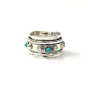 <b>Turquoise</b> Beaded 925 Silver Spinner Wide Band <b>Ring</b> 9.6 Grams Unisex Everyday & Party Wear Gift - Product Image 3