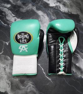 Custom OEM Leather Lace Up Boxing Gloves Professional Training Sparring Glove Custom Logo <b>Mint</b> Green <b>Black</b> Pro Boxing Gloves - Product Image 1