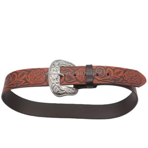 Classic Hand Carved Floral Embossed Designer Top Grain Genuine Western <b>Leather</b> <b>Tooling</b> Belt for Men and Women - Product Image 2