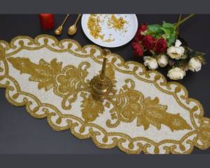 Luxury Embroidered Gold Floral <b>Table</b> <b>Runner</b> Polyester Wedding Decor India Made Hand Washable - Product Image 5