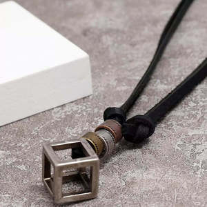 Vintage Alloy Cubical Pendant with Adjustable Black Leather Cord Necklace for Men - Product Image 2