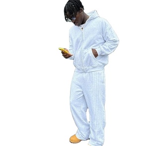 Wholesale 100% Streetwear Sweat Suits Heavy Cotton Zip up Terry Oversize <b>Stripe</b> Sweatpants and Hoodie Set Zip up Tracksuits - Product Image 1