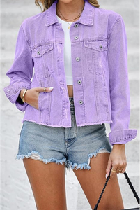 Veste en jean violette pour femme, boutonnée, effet vieilli, en coton, coupe décontractée, printemps automne hiver, style vintage, respirante - Product Image 4