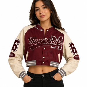Hot Selling High Quality Embroidered Leather <b>Button</b> Winter <b>Vintage</b> College Letterman Crop Varsity Jacket Women Cotton Breathable - Product Image 3