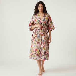 ชุดนอนคิโมโนผ้าฝ้ายทอมือรักษ์โลก คอวี แขนยาว ลายพิมพ์นกป่า สำหรับผู้หญิง ชุดคลุมยาวหรูหรา ยั่งยืนได้ - Product Image 2