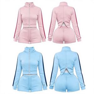 Ensemble de sport 3 pièces personnalisé pour femme, style halter, pour l'été, avec veste de yoga à fermeture éclair dorée au-dessus du genou, en tissu modal et toile, idéal pour le fitness et l'entraînement - Product Image 3