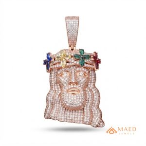 Collier pendentif en or rose plaqué moissanite, motif visage de roi, bijoux de mode pour hommes et femmes, pendentif style couronne florale New York City - Product Image 1