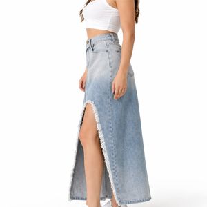 Jupe longue plissée asymétrique en jean de haute qualité pour femme, taille haute, décontractée, 2 pièces, tendance, moderne et stylée - Product Image 3