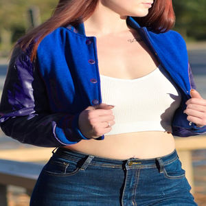 Veste courte universitaire pour femme, bleu roi et violet, style Letterman, manteau bomber, manches en similicuir, vêtement d'extérieur décontracté, mode féminine - Product Image 2