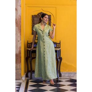 <b>Boho</b> Style Green Cotton Linen Maxi <b>Dress</b> V-neck Button Down Cap Sleeve Comfortable Loose Fit Long <b>Dress</b> - Product Image 3