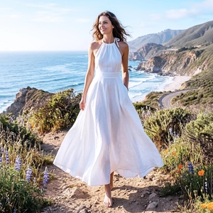Robe midi vintage en lin biologique à manches cloche, col en V, dos nu, coupe trapèze, taille haute, pour l'été et les vacances à la plage, avec poches - Product Image 2