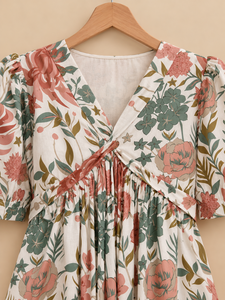Floral Print V-Neck Cap Sleeve Midi <b>Dress</b> Empire Waist A-Line Loose Casual Woven Chiffon <b>Spring</b> <b>Dress</b> - Product Image 5