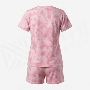 Ensemble 2 pièces pour femme, rose tie-dye, short et haut à manches courtes, col rond, coupe décontractée, au-dessus du genou, en coton tricoté, pour l'été - Product Image 2