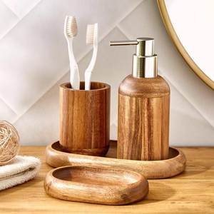 Juego de Baño de Madera de 4 Piezas con Dispensador de Jabón, Portacepillos de Dientes, Jabonera y Bandeja, Moderno y Ecológico - Product Image 1