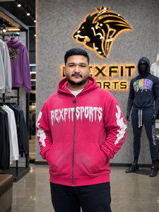 REXFITSPORTS 2026 Sweat à capuche rose pour homme avec fermeture éclair intégrale et motif, 280-300 GSM, en molleton de coton et polyester, style streetwear personnalisé - Product Image 6