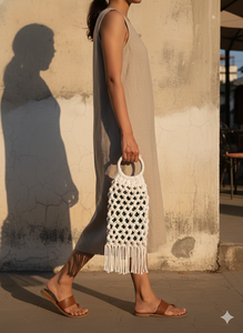 Sac fourre-tout en crochet blanc avec poignée circulaire et franges à pompons, sac cadeau écologique - Product Image 3