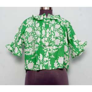 Túnica Vintage de Verano, Corte Regular, Estampado Floral Dulce, 100% Algodón Lavable, Estilo Casual, Toque Femenino, Cuello Redondo con Volantes, Manga Media, Mini - Product Image 1